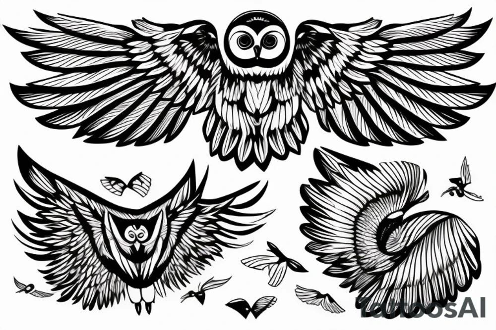 Owl swooping down wings spread wide minimalism tattoo idea