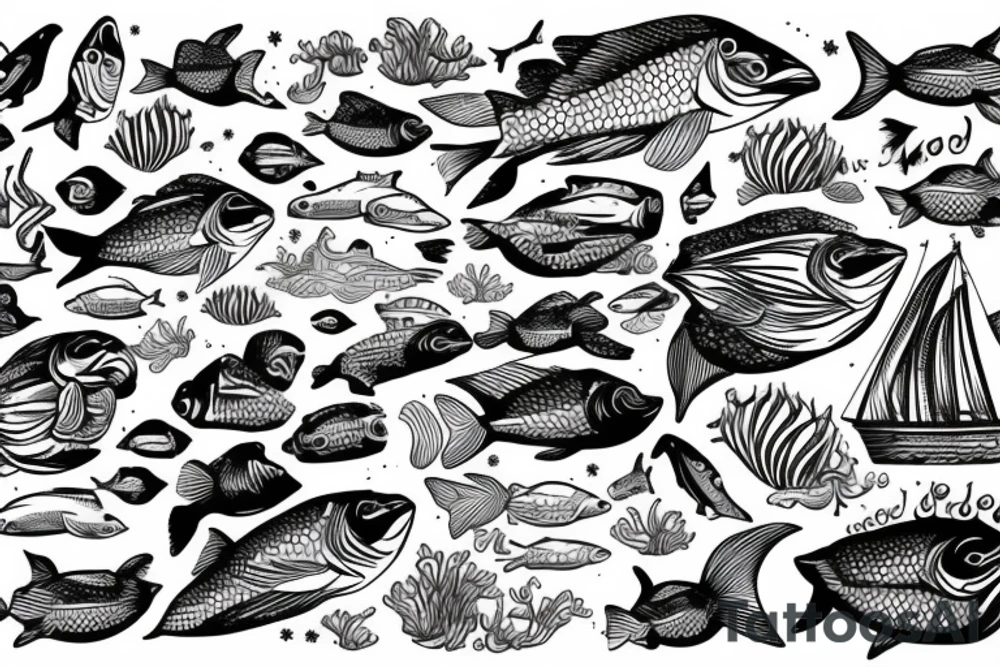 Ocean of waves with tons of fish and the waters crystal clear like Bahamas tattoo idea