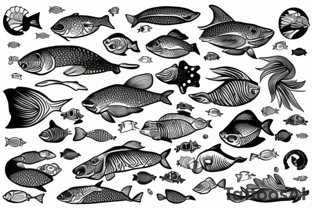 Ocean of waves with tons of fish and the waters crystal clear like Bahamas tattoo idea