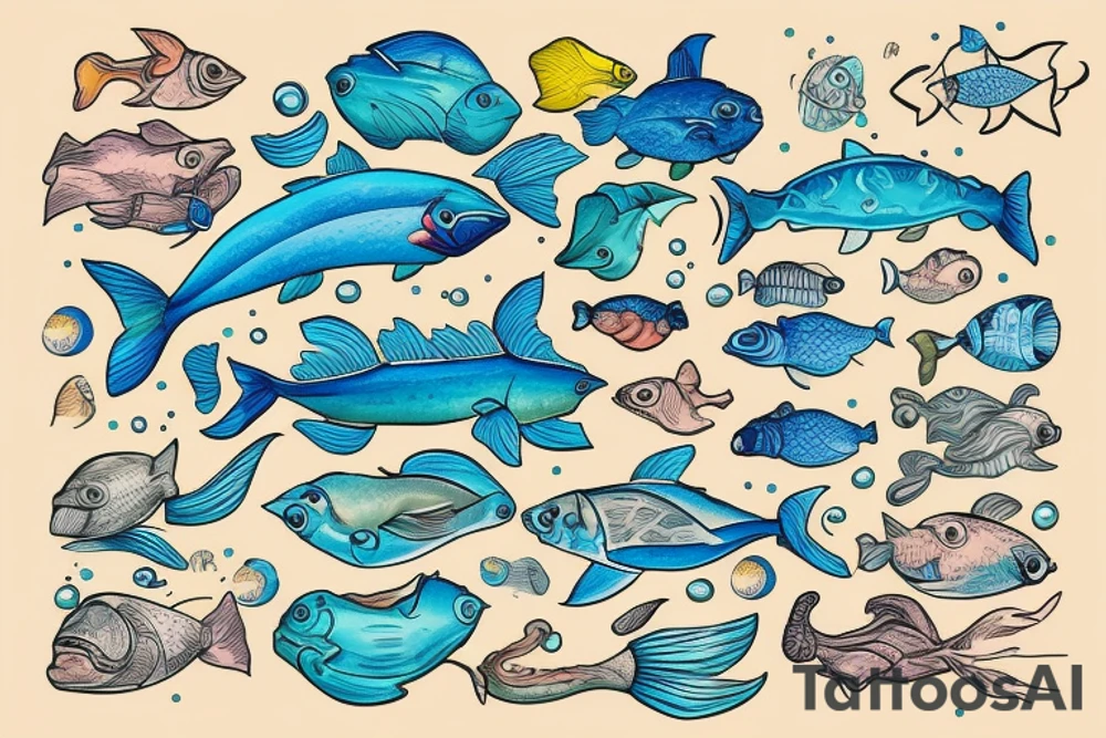 Ocean of waves with tons of fish and the waters crystal clear like Bahamas with people fishing and partying and half in the water and half above water tattoo idea