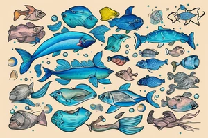 Ocean of waves with tons of fish and the waters crystal clear like Bahamas with people fishing and partying and half in the water and half above water tattoo idea