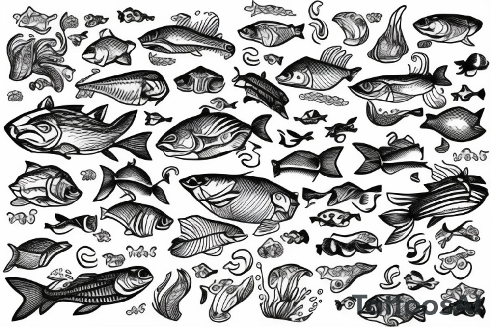 Ocean of waves with tons of fish and the waters crystal clear like Bahamas with people fishing and partying and half in the water and half above water tattoo idea