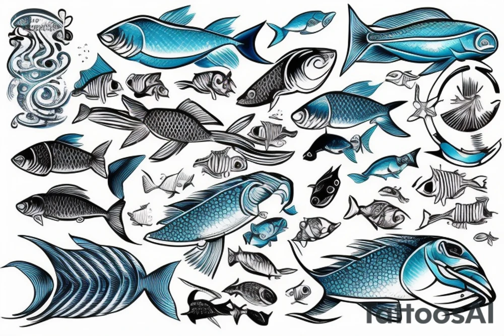 Ocean of waves with tons of fish and the waters crystal clear like Bahamas with people fishing and partying and half in the water and half above water tattoo idea