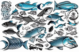 Ocean of waves with tons of fish and the waters crystal clear like Bahamas with people fishing and partying and half in the water and half above water tattoo idea