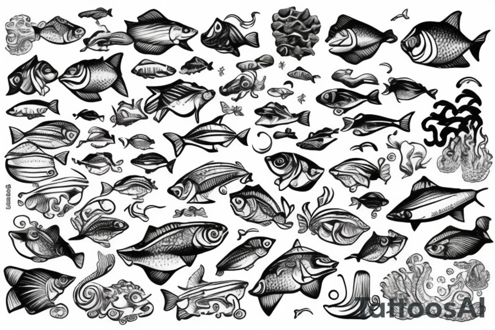 Ocean of waves with tons of fish and the waters crystal clear like Bahamas with people fishing and partying and half in the water and half above water tattoo idea