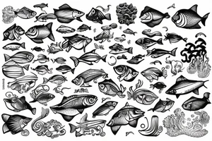 Ocean of waves with tons of fish and the waters crystal clear like Bahamas with people fishing and partying and half in the water and half above water tattoo idea