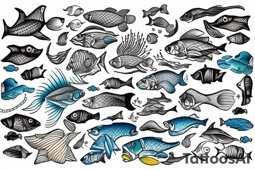 Ocean with tons of fish and the waters crystal clear like Bahamas. with people fishing and partying and half in the water and half above water tattoo idea