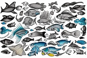 Ocean with tons of fish and the waters crystal clear like Bahamas. with people fishing and partying and half in the water and half above water tattoo idea