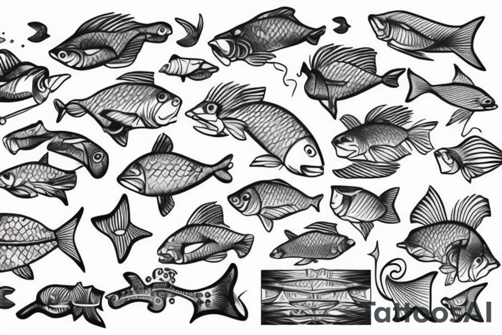 Ocean with tons of fish and the waters crystal clear like Bahamas. with people fishing and partying and half in the water and half above water tattoo idea