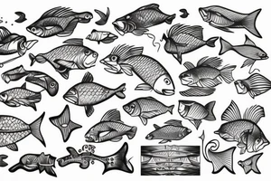 Ocean with tons of fish and the waters crystal clear like Bahamas. with people fishing and partying and half in the water and half above water tattoo idea