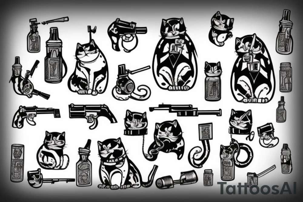 Russian prison style cat with a gun and hand grenade in hands tattoo idea