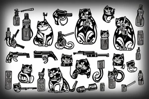 Russian prison style cat with a gun and hand grenade in hands tattoo idea