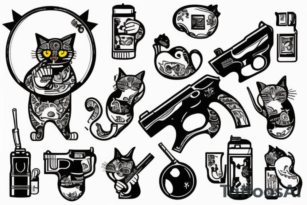 Russian prison style cat with a gun and hand grenade in hands tattoo idea