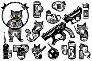 Russian prison style cat with a gun and hand grenade in hands tattoo idea