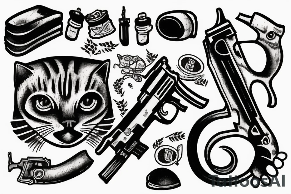 Russian prison style cat with a gun and hand grenade in hands tattoo idea