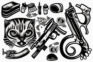 Russian prison style cat with a gun and hand grenade in hands tattoo idea