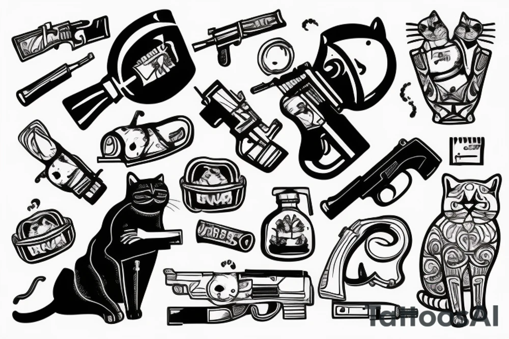 Russian prison style cat with a gun and hand grenade in hands tattoo idea