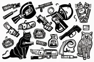 Russian prison style cat with a gun and hand grenade in hands tattoo idea