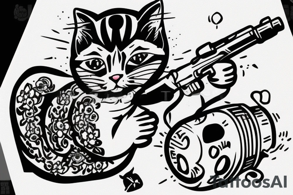 Russian prison style cat with a gun and hand grenade in hands tattoo idea