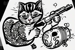 Russian prison style cat with a gun and hand grenade in hands tattoo idea