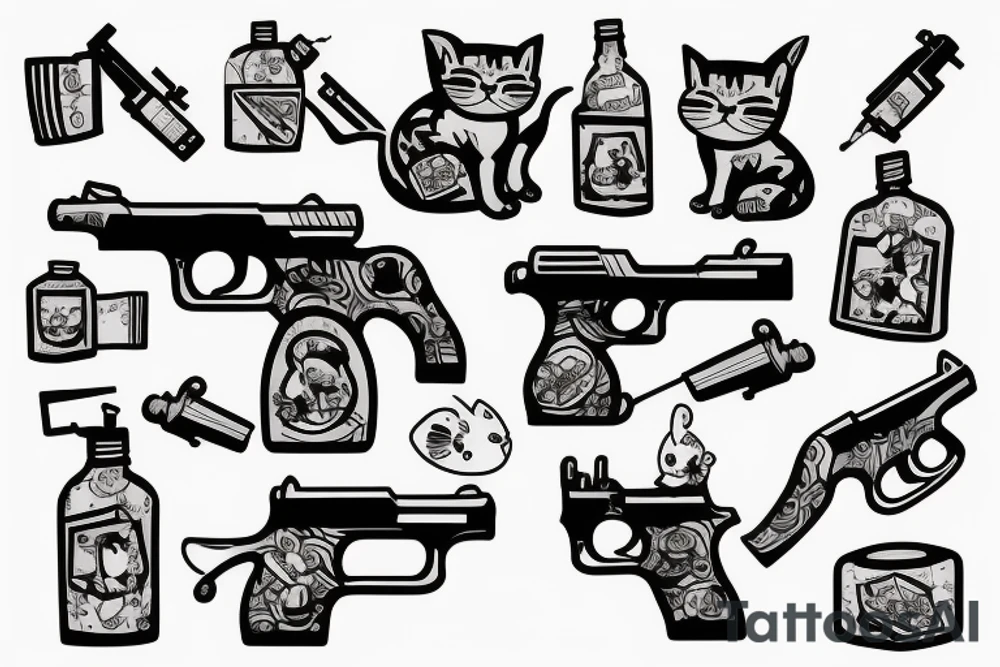 prison style cat with a gun and hand grenade in hands tattoo idea