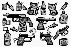 prison style cat with a gun and hand grenade in hands tattoo idea