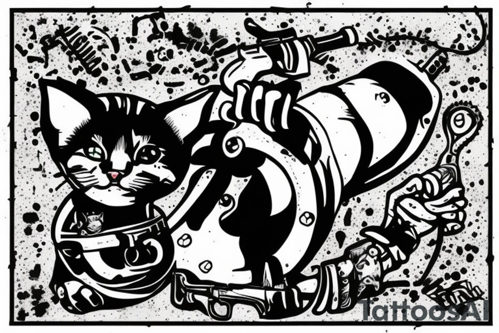 prison style cat with a gun and hand grenade in hands tattoo idea