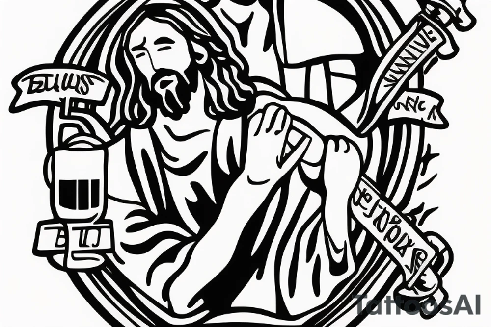 Jesus with beer bottle in hand tattoo idea