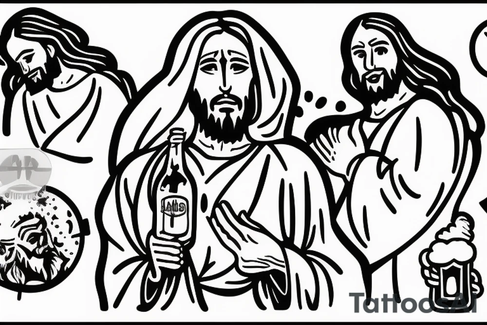 Jesus with beer bottle in hand tattoo idea