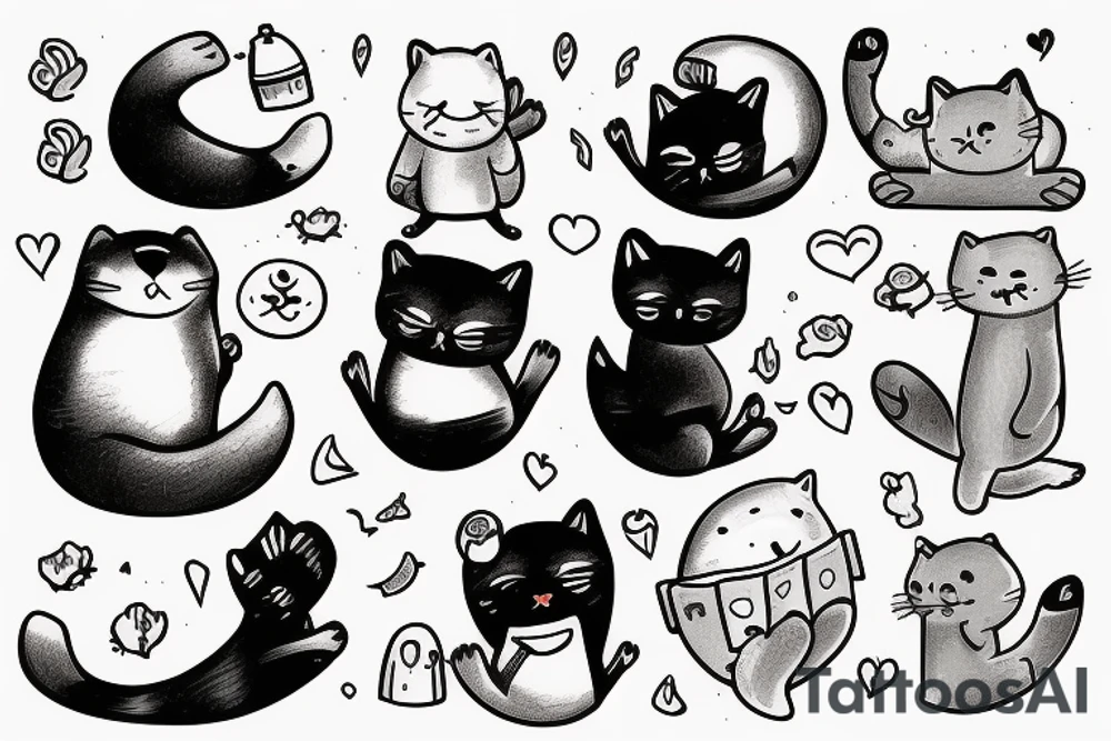 A happy cat, seal and bear talking on the phone with each other tattoo idea