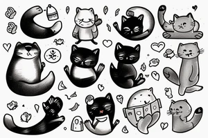 A happy cat, seal and bear talking on the phone with each other tattoo idea