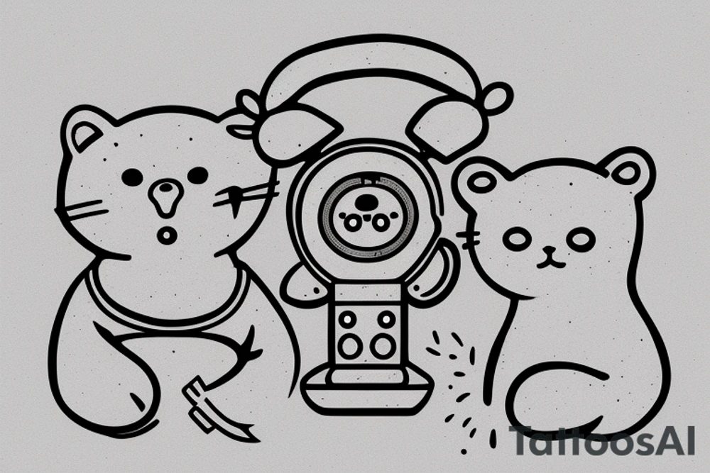 A happy cat, seal and bear talking on the phone with each other tattoo idea