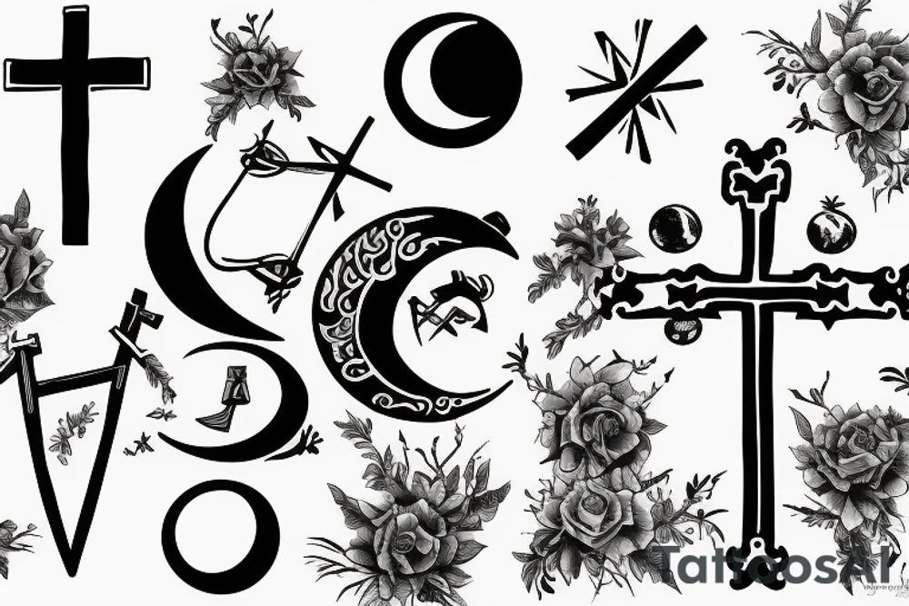 Cross behind a moon tattoo idea