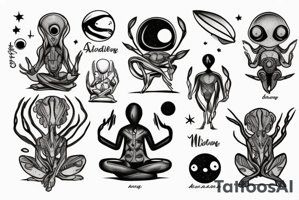 simple alien meditating tattoo idea