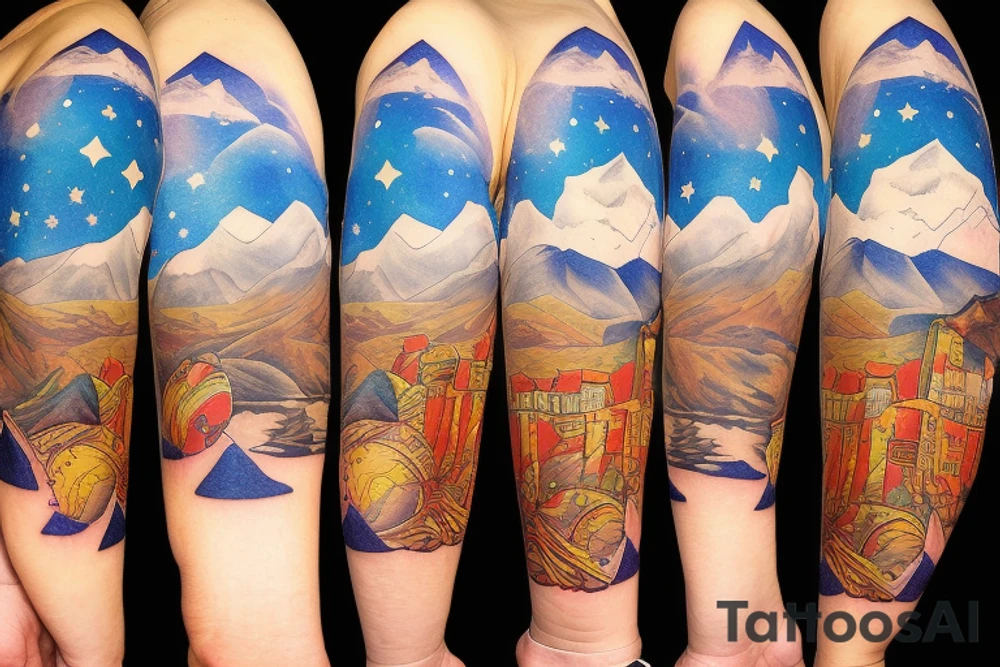 Zia symbol with Colorado mountains, a person climbing the mountains and lots of stars tattoo idea