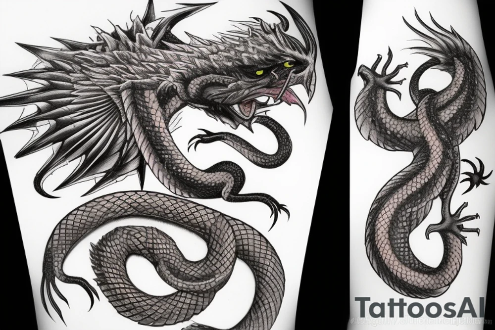 owl snake dragon hybrid with a technological greatsword tattoo idea