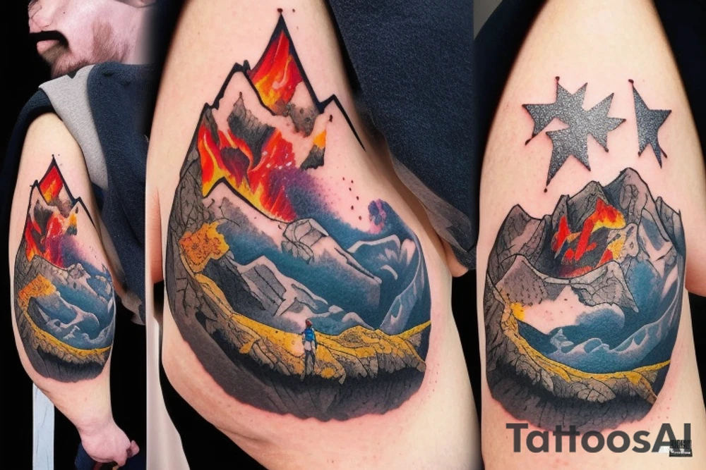 A person climbing a mountain with fire behind them and lots of stars tattoo idea