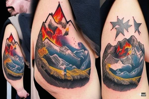 A person climbing a mountain with fire behind them and lots of stars tattoo idea