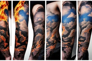 A person climbing a mountain with fire behind them and lots of stars tattoo idea