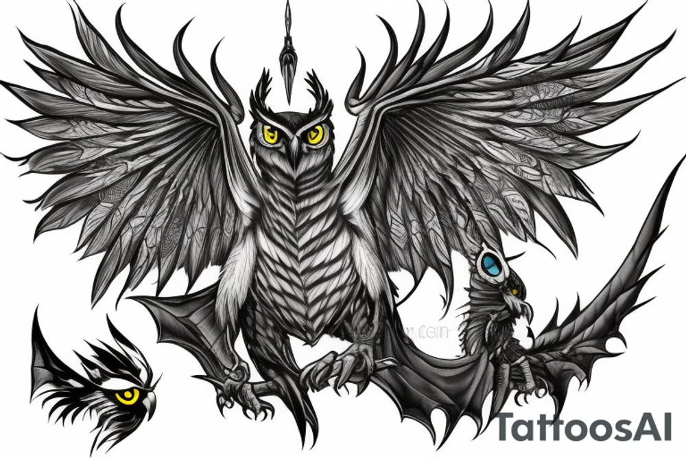 owl dragon hybrid with a technological greatsword tattoo idea