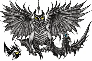 owl dragon hybrid with a technological greatsword tattoo idea