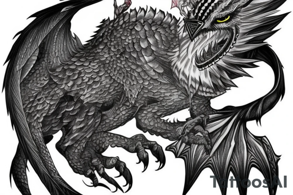 owl dragon hybrid with a technological greatsword tattoo idea