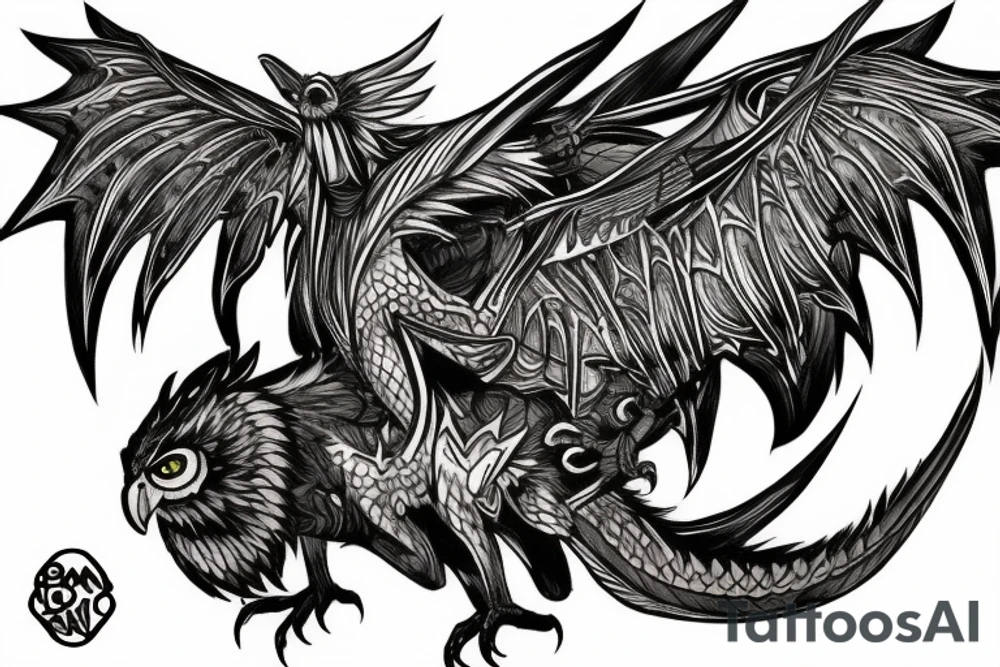 owl dragon hybrid with a technological greatsword tattoo idea