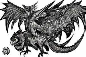 owl dragon hybrid with a technological greatsword tattoo idea