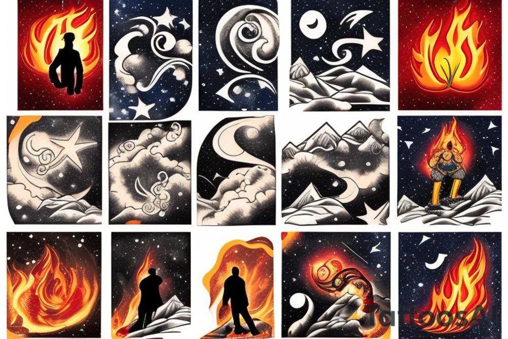 A man looking up to the stars on a mountaintop with flame behind the man tattoo idea