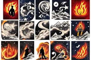 A man looking up to the stars on a mountaintop with flame behind the man tattoo idea