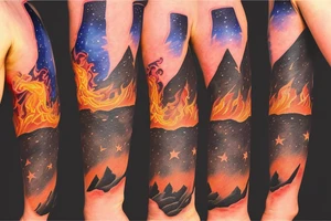 A man looking up to the stars on a mountaintop with flame behind the man tattoo idea