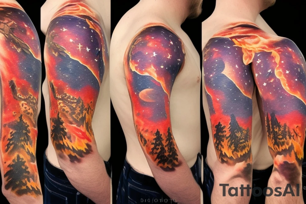 A man looking up to the stars on a mountaintop with flame behind the man tattoo idea