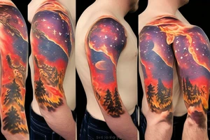 A man looking up to the stars on a mountaintop with flame behind the man tattoo idea