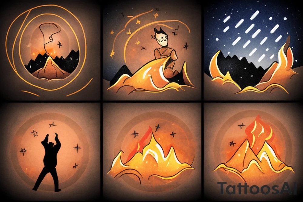 A man looking up to the stars on a mountaintop with flame behind the man tattoo idea